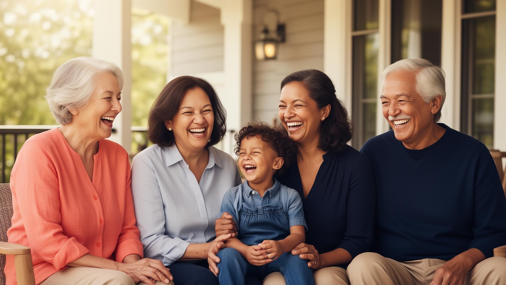 A multigenerational family laughing together on a porch
